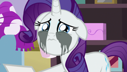 Size: 1920x1090 | Tagged: safe, screencap, character:rarity, species:pony, episode:forever filly, g4, my little pony: friendship is magic, crying, floppy ears, makeup, marshmelodrama, mascara, mascarity, running makeup, solo