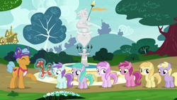 Size: 1920x1090 | Tagged: safe, screencap, character:alula, character:aura, character:dinky hooves, character:liza doolots, character:noi, character:petunia, character:piña colada, character:pluto, character:ruby pinch, character:tootsie flute, species:earth pony, species:pony, species:unicorn, episode:forever filly, g4, my little pony: friendship is magic, background pony, balloon, balloon animal, eyes closed, female, filly, fountain, male, piña cutelada, stallion, tree, twisty pop