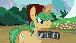 Size: 1920x1090 | Tagged: safe, screencap, character:snapshot, species:pony, species:unicorn, episode:forever filly, g4, my little pony: friendship is magic, beanie, camera, clothing, facial hair, glowing horn, hat, magic, male, solo, stallion