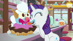 Size: 1920x1090 | Tagged: safe, screencap, character:rarity, species:pony, episode:forever filly, g4, my little pony: friendship is magic, clown surprise, food, ice cream, licking, messy eating, solo, tongue out