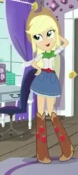 Size: 173x387 | Tagged: safe, screencap, character:applejack, equestria girls:dance magic, g4, my little pony:equestria girls, boots, chair, clothing, cowboy boots, cowboy hat, cowgirl, cropped, cute, denim skirt, hat, pose, skirt, solo, stetson