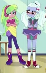 Size: 176x280 | Tagged: safe, screencap, character:lemon zest, character:sugarcoat, equestria girls:dance magic, g4, my little pony:equestria girls, boots, clothing, converse, cropped, crossed arms, glasses, headphones, high heel boots, leggings, pants, pigtails, shoes, skirt, sneakers, socks, twintails