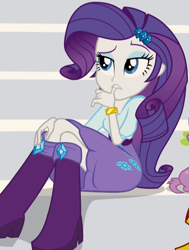 Size: 667x883 | Tagged: safe, screencap, character:rarity, character:spike, species:dog, equestria girls:rainbow rocks, g4, my little pony:equestria girls, boots, bracelet, clothing, cropped, high heel boots, jewelry, skirt, spike the dog, stairs