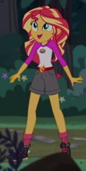 Size: 237x472 | Tagged: safe, screencap, character:sunset shimmer, equestria girls:legend of everfree, g4, my little pony:equestria girls, boots, camp everfree outfits, clothing, cropped, cute, flower, legs, shimmerbetes, shorts, socks, solo, sun, tree