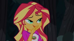 Size: 1100x618 | Tagged: safe, screencap, character:sunset shimmer, equestria girls:legend of everfree, g4, my little pony:equestria girls, camp everfree outfits, lidded eyes, solo, tree