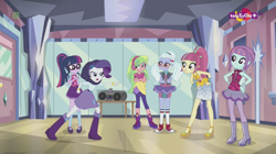 Size: 1136x638 | Tagged: safe, screencap, character:lemon zest, character:rarity, character:sour sweet, character:sugarcoat, character:sunny flare, character:twilight sparkle, character:twilight sparkle (scitwi), species:eqg human, equestria girls:dance magic, g4, my little pony:equestria girls, angry, boombox, boots, bow tie, bracelet, clothing, converse, crossed arms, crystal prep academy, cute, dance floor, door, female, freckles, glasses, group, hand on hip, headphones, heart, high heel boots, high heels, iphone, jewelry, leggings, mary janes, mirror, pantyhose, pigtails, ponytail, radio, shoes, skirt, sneakers, socks, teletoon, tutu, twintails