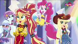 Size: 1366x768 | Tagged: safe, screencap, character:applejack, character:pinkie pie, character:sugarcoat, character:sunny flare, character:sunset shimmer, equestria girls:dance magic, g4, my little pony:equestria girls, adoraflare, alternate hairstyle, clothing, cowboy hat, cute, glasses, hat, jackabetes, open mouth, ponied up, shimmerbetes, skirt, sugarcute, teletoon