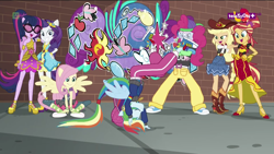Size: 1366x768 | Tagged: safe, screencap, character:applejack, character:fluttershy, character:pinkie pie, character:rainbow dash, character:rarity, character:sunset shimmer, character:twilight sparkle, character:twilight sparkle (scitwi), species:eqg human, equestria girls:dance magic, g4, my little pony:equestria girls, alternate hairstyle, ballet slippers, bedroom eyes, boots, breakdancing, brick wall, clothing, converse, cute, dancing, eyes closed, female, glasses, graffiti, group, humane five, humane seven, humane six, lidded eyes, mc pinkie, open mouth, ponied up, rapper dash, rapper pie, scitwilicorn, shoes, shutter shades, skirt, smiling, sneakers, teletoon