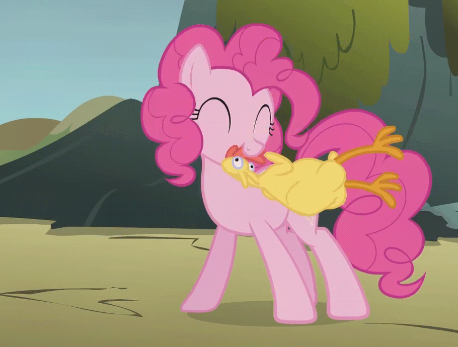 Size: 910x690 | Tagged: safe, screencap, character:pinkie pie, species:earth pony, species:pony, episode:dragonshy, g4, my little pony: friendship is magic, animated, cute, diapinkes, eyes closed, female, gif, mare, mouth hold, playing, rubber chicken, smiling, solo