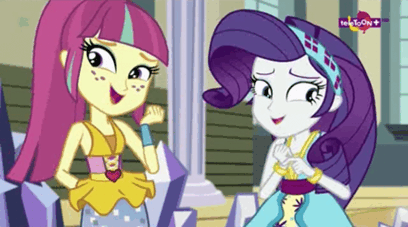 Size: 408x227 | Tagged: safe, screencap, character:rarity, character:sour sweet, equestria girls:dance magic, g4, my little pony:equestria girls, animated, bracelet, cute, freckles, gif, heart, jewelry, laughing, laughingmares.jpg, loop, raribetes, sourbetes, teletoon
