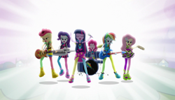 Size: 1904x1090 | Tagged: safe, screencap, character:applejack, character:fluttershy, character:pinkie pie, character:rainbow dash, character:rarity, character:twilight sparkle, equestria girls:rainbow rocks, g4, my little pony:equestria girls, balloon, bass guitar, boots, cowboy boots, cymbals, drum kit, drums, drumsticks, electric guitar, eyes closed, guitar, high heels, humane five, humane six, keytar, lidded eyes, logo, microphone, musical instrument, rainbow rocks outfit, tambourine, wallpaper, welcome to the show