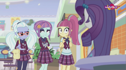 Size: 1137x638 | Tagged: safe, screencap, character:rarity, character:sour sweet, character:sugarcoat, character:sunny flare, equestria girls:dance magic, g4, my little pony:equestria girls, bow tie, canterlot mall, clothing, crossed arms, crystal prep academy uniform, female, freckles, glasses, group, mall, ponytail, school uniform, teletoon