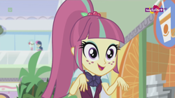 Size: 1136x638 | Tagged: safe, screencap, character:bon bon, character:lyra heartstrings, character:sour sweet, character:sweetie drops, equestria girls:dance magic, g4, my little pony:equestria girls, bow tie, canterlot mall, clothing, crystal prep academy uniform, cute, female, happy, mall, ponytail, school uniform, sourbetes, teletoon
