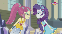 Size: 1137x638 | Tagged: safe, screencap, character:rarity, character:sour sweet, equestria girls:dance magic, g4, my little pony:equestria girls, angry, argument, canterlot high, clothing, dress, duo, female, fight, freckles, headband, ponytail, skirt, teletoon