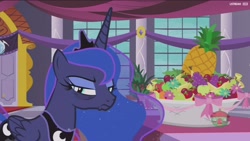 Size: 1920x1080 | Tagged: safe, screencap, character:princess luna, species:pony, episode:a royal problem, g4, my little pony: friendship is magic, bags under eyes, food, grumpy, pineapple, solo