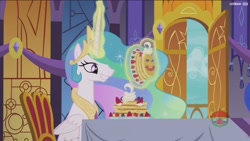 Size: 1920x1080 | Tagged: safe, screencap, character:princess celestia, species:alicorn, species:pony, episode:a royal problem, g4, my little pony: friendship is magic, cute, cutelestia, female, food, grin, mare, pancakes, smiling