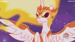 Size: 1076x605 | Tagged: safe, screencap, character:daybreaker, character:princess celestia, species:pony, episode:a royal problem, g4, my little pony: friendship is magic, corrupted, evil, female, mane of fire, mare, solo, spread wings, wings