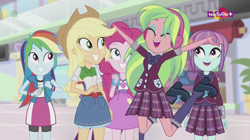 Size: 1136x638 | Tagged: safe, screencap, character:applejack, character:lemon zest, character:pinkie pie, character:rainbow dash, character:sunny flare, equestria girls:dance magic, g4, my little pony:equestria girls, bow tie, canterlot mall, clothing, crystal prep academy uniform, excited, eyes closed, female, group, happy, hat, headphones, heart, jumping, mall, open mouth, school uniform, shoes, skirt, socks, teletoon