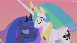 Size: 1920x1080 | Tagged: safe, screencap, character:princess celestia, character:princess luna, species:alicorn, species:pony, episode:a royal problem, g4, my little pony: friendship is magic, duo, eyes closed, female, mare, royal sisters, sisters, smiling, swapped cutie marks