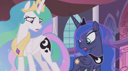 Size: 1232x690 | Tagged: safe, screencap, character:princess celestia, character:princess luna, species:alicorn, species:pony, episode:a royal problem, g4, my little pony: friendship is magic, female, mare, shocked, swapped cutie marks
