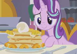 Size: 977x690 | Tagged: safe, screencap, character:starlight glimmer, species:pony, species:unicorn, episode:a royal problem, g4, my little pony: friendship is magic, cropped, cute, female, food, glimmerbetes, mare, pancakes, solo