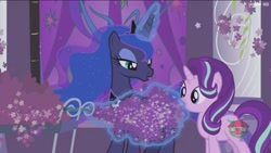 Size: 1920x1080 | Tagged: safe, screencap, character:princess luna, character:starlight glimmer, species:pony, species:unicorn, episode:a royal problem, g4, my little pony: friendship is magic, duo, female, flower, glowing horn, lavender, magic, magic aura, mare, telekinesis