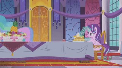 Size: 400x225 | Tagged: safe, screencap, character:princess celestia, character:princess luna, character:starlight glimmer, species:alicorn, species:pony, episode:a royal problem, g4, my little pony: friendship is magic, animated, bags under eyes, banana, banana peel, do you like bananas?, female, food, gif, majestic as fuck, mare, wat, you're doing it wrong