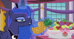 Size: 1364x733 | Tagged: safe, screencap, character:princess luna, species:pony, episode:a royal problem, g4, my little pony: friendship is magic, apple, bags under eyes, banana, basket, bow, eating, food, grapes, magic, majestic as fuck, nom, pineapple, sleepy, solo, telekinesis