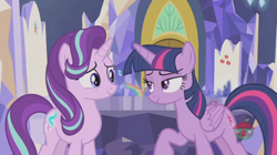 Size: 1234x690 | Tagged: safe, screencap, character:starlight glimmer, character:twilight sparkle, character:twilight sparkle (alicorn), species:alicorn, species:pony, episode:a royal problem, g4, my little pony: friendship is magic, cutie map, duo, duo female, female, friendship throne, twilight's castle