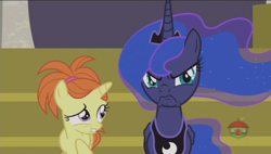 Size: 1920x1090 | Tagged: safe, screencap, character:princess luna, species:pony, episode:a royal problem, g4, my little pony: friendship is magic, >:c, faec, female, filly, frown, grumpy luna, indian summer, logo, luna is not amused, scared, scowl, treehouse, treehouse logo