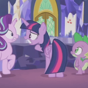 Size: 300x300 | Tagged: safe, screencap, character:spike, character:starlight glimmer, character:twilight sparkle, character:twilight sparkle (alicorn), species:alicorn, species:dragon, species:pony, species:unicorn, episode:a royal problem, g4, my little pony: friendship is magic, animated, cropped, cutie map, freakout, friendship throne, gif, twilight's castle