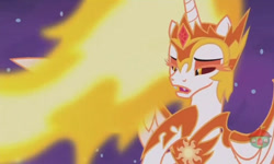 Size: 792x474 | Tagged: safe, screencap, character:daybreaker, character:princess celestia, species:alicorn, species:pony, episode:a royal problem, g4, my little pony: friendship is magic, dream realm, evil, fangs, female, hoof on chest, jewelry, mane of fire, mare, mocking, regalia, solo, unimpressed