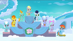 Size: 1920x1080 | Tagged: safe, screencap, character:cloudchaser, character:derpy hooves, character:fleetfoot, character:flitter, character:lightning dust, character:rainbow dash, character:soarin', character:spitfire, species:pony, episode:parental glideance, g4, my little pony: friendship is magic, underp, younger