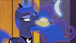 Size: 1366x768 | Tagged: safe, screencap, character:princess luna, species:pony, episode:a royal problem, g4, my little pony: friendship is magic, bags under eyes, banana, banana peel, eating, food, magic, majestic as fuck, nom, out of context, sleepy, solo