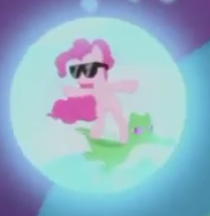 Size: 210x216 | Tagged: safe, screencap, character:gummy, character:pinkie pie, species:pony, episode:a royal problem, g4, my little pony: friendship is magic, cropped, dream orbs, flying, ponies riding gators, riding, sunglasses, surfing