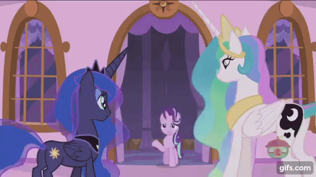 Size: 640x360 | Tagged: safe, screencap, character:princess celestia, character:princess luna, character:starlight glimmer, species:alicorn, species:pony, episode:a royal problem, g4, my little pony: friendship is magic, animated, confused, female, gif, giggling, mare, reassurance, swapped cutie marks