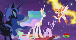 Size: 1366x727 | Tagged: safe, screencap, character:daybreaker, character:nightmare moon, character:princess celestia, character:princess luna, character:starlight glimmer, species:alicorn, species:pony, species:unicorn, episode:a royal problem, g4, my little pony: friendship is magic, corrupted, dream walker celestia, duality, ethereal mane, evil, female, galaxy mane, mane of fire, mare