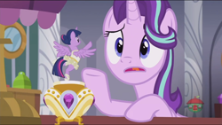 Size: 1366x768 | Tagged: safe, screencap, character:starlight glimmer, character:twilight sparkle, character:twilight sparkle (alicorn), species:alicorn, species:pony, episode:a royal problem, g4, my little pony: friendship is magic, backbend, ballerina, clothing, dancing, micro, music box, tutu, twilarina