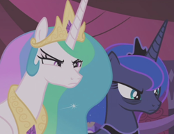 Size: 924x714 | Tagged: safe, screencap, character:princess celestia, character:princess luna, species:alicorn, species:pony, episode:a royal problem, g4, my little pony: friendship is magic, bags under eyes, female, mare, tired, unamused