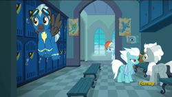 Size: 1920x1080 | Tagged: safe, screencap, character:fleetfoot, character:rainbow dash, character:silver lining, character:thunderlane, species:pegasus, species:pony, episode:parental glideance, g4, my little pony: friendship is magic, clothing, discovery family logo, female, flying, locker room, male, mare, stallion, towel, uniform, wonderbolts uniform