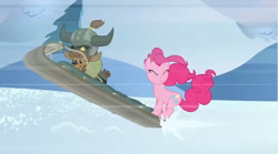 Size: 854x474 | Tagged: safe, screencap, character:pinkie pie, species:earth pony, species:pony, episode:party pooped, g4, my little pony: friendship is magic, calf, duo, female, helmet, horned helmet, mare, sled, viking helmet, yak calf
