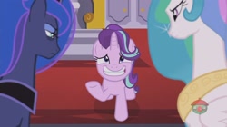 Size: 1919x1073 | Tagged: safe, screencap, character:princess celestia, character:princess luna, character:starlight glimmer, species:alicorn, species:pony, episode:a royal problem, g4, my little pony: friendship is magic, female, glare, grin, mare, nervous, nervous grin, smiling, unamused