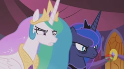 Size: 1919x1075 | Tagged: safe, screencap, character:princess celestia, character:princess luna, species:alicorn, species:pony, episode:a royal problem, g4, my little pony: friendship is magic, angry, bags under eyes, female, glare, mare, unamused, you dun goofed
