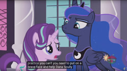 Size: 960x540 | Tagged: safe, screencap, character:princess luna, character:starlight glimmer, species:pony, episode:a royal problem, g4, my little pony: friendship is magic, crossover, dana scully, meme, x-files, youtube caption