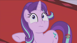 Size: 1366x768 | Tagged: safe, screencap, character:starlight glimmer, species:pony, species:unicorn, episode:a royal problem, g4, my little pony: friendship is magic, canterlot castle, carpet, expression, oh crap, raised hoof, red carpet, solo, treehouse logo, wavy mouth