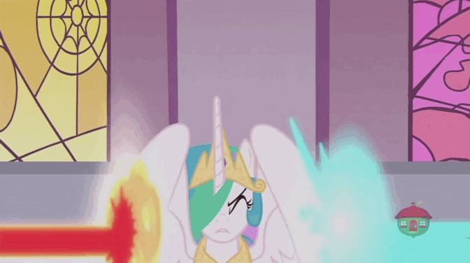 Size: 672x376 | Tagged: safe, screencap, character:daybreaker, character:nightmare moon, character:princess celestia, character:princess luna, species:alicorn, species:pony, episode:a royal problem, g4, my little pony: friendship is magic, animated, beam struggle, defeat, disintegration, dream, flop, gif, magic blast, swapped cutie marks, treehouse logo