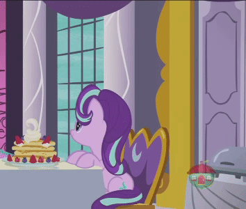Size: 354x300 | Tagged: safe, screencap, character:starlight glimmer, species:pony, species:unicorn, episode:a royal problem, g4, my little pony: friendship is magic, animated, aweeg*, cropped, cute, eating, eyes closed, female, food, fruit, gif, glimmerbetes, glowing horn, herbivore, horn, loop, magic, mare, nom, pancakes, puffy cheeks, sitting, smiling, solo, telekinesis