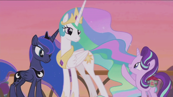 Size: 600x338 | Tagged: safe, screencap, character:princess celestia, character:princess luna, character:spike, character:starlight glimmer, character:twilight sparkle, character:twilight sparkle (alicorn), species:alicorn, species:dragon, species:pony, species:unicorn, episode:a royal problem, g4, my little pony: friendship is magic, animated, cute, female, gif, glimmerbetes, looking at each other, mare, spikebrush, spread wings, teleportation, toothbrush, twiabetes, wings, worried