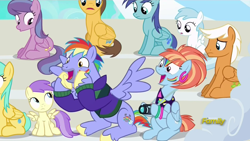 Size: 1920x1080 | Tagged: safe, screencap, character:alula, character:bow hothoof, character:caramel, character:cotton cloudy, character:emerald green, character:green gem, character:pluto, character:sunshower raindrops, character:windy whistles, species:pony, ship:windyhoof, episode:parental glideance, g4, my little pony: friendship is magic, 80s windy whistles, blue october, blueberry muffin, camera, discovery family logo, rainbow dash's parents