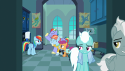 Size: 1920x1090 | Tagged: safe, screencap, character:bow hothoof, character:fleetfoot, character:rainbow dash, character:scootaloo, character:silver lining, character:windy whistles, species:pegasus, species:pony, ship:windyhoof, episode:parental glideance, g4, my little pony: friendship is magic, camera, faec, locker room, rainbow dash's parents, smug, smugdash, towel